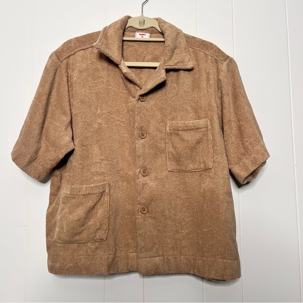 TERRY. Boxy Shirt Tan Button Down Short Sleeve Top Resort wear Beach Size M